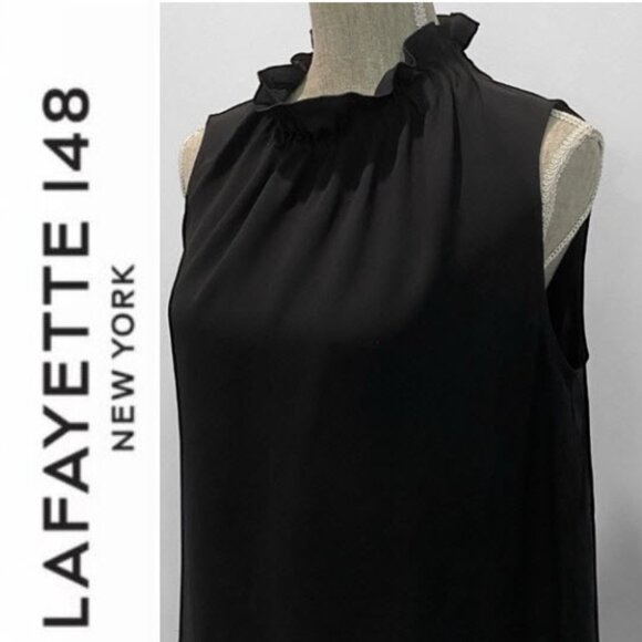 Lafayette 148 Silk Black Sleeveless Ruffle Neck Blouse Size M Chic Workwear Top - Picture 1 of 13